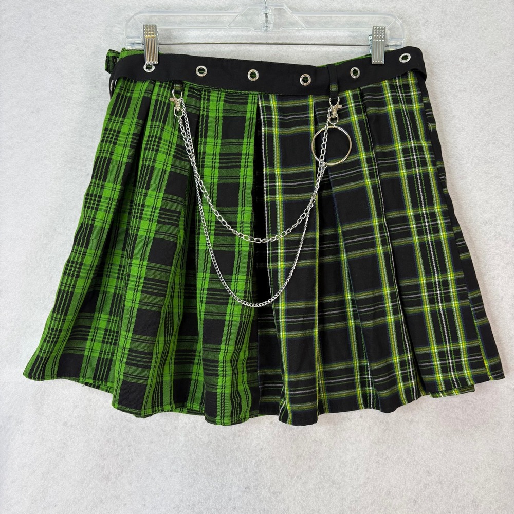 Social Collision Mixed Plaid Pleated Mini Skirt Green Womens XL Punk Grunge Goth - Picture 3 of 5